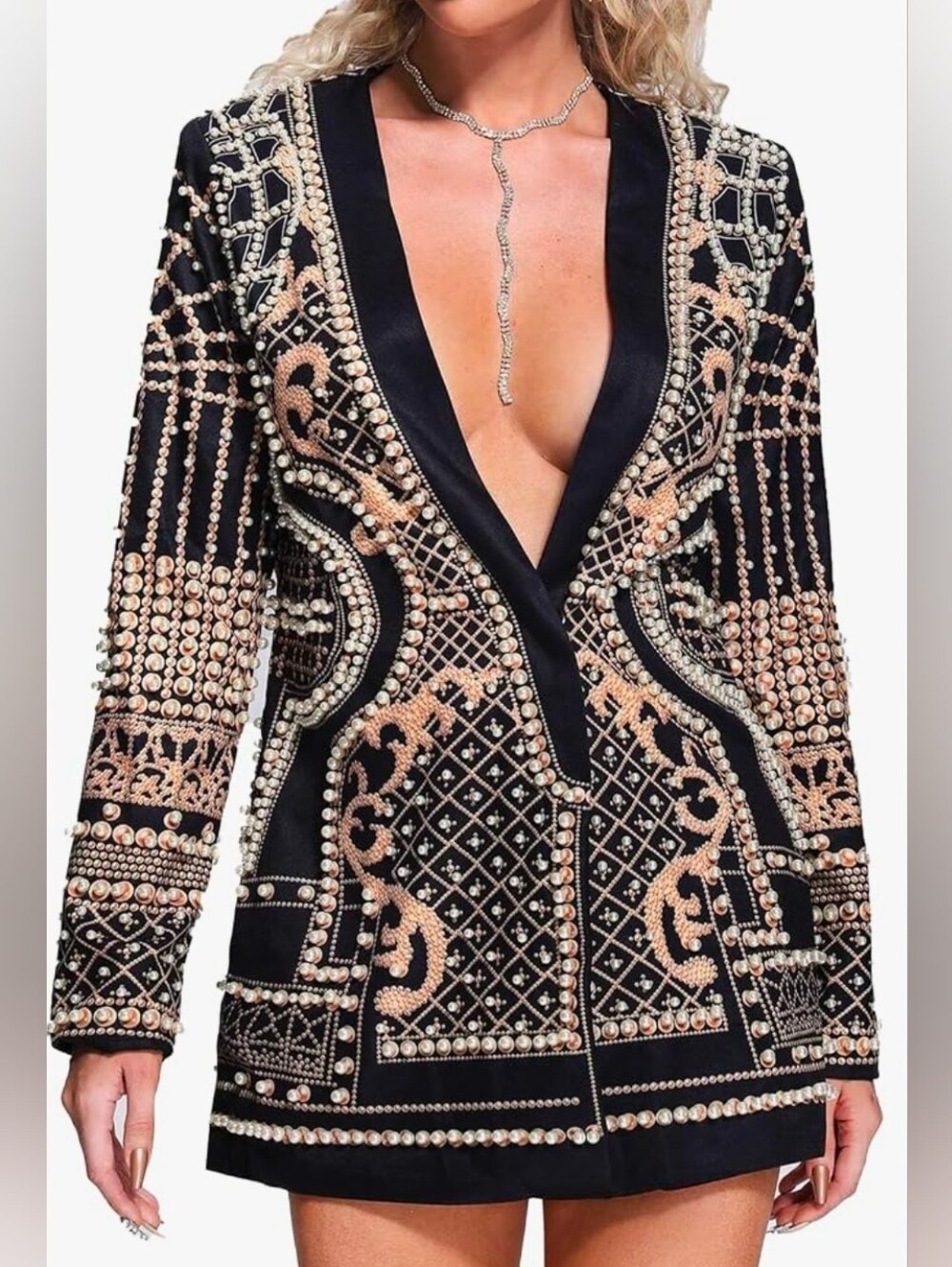 Embellished Deep V Black & Beaded Blazer Jacket